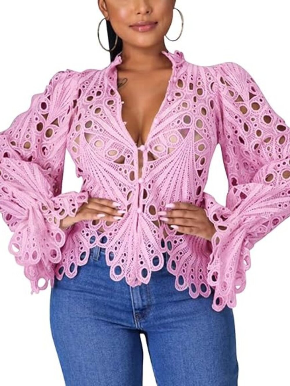 Doweha Women’s Puff Flare Long Sleeve Ruffled Top V Neck Hollow Pink Size XL